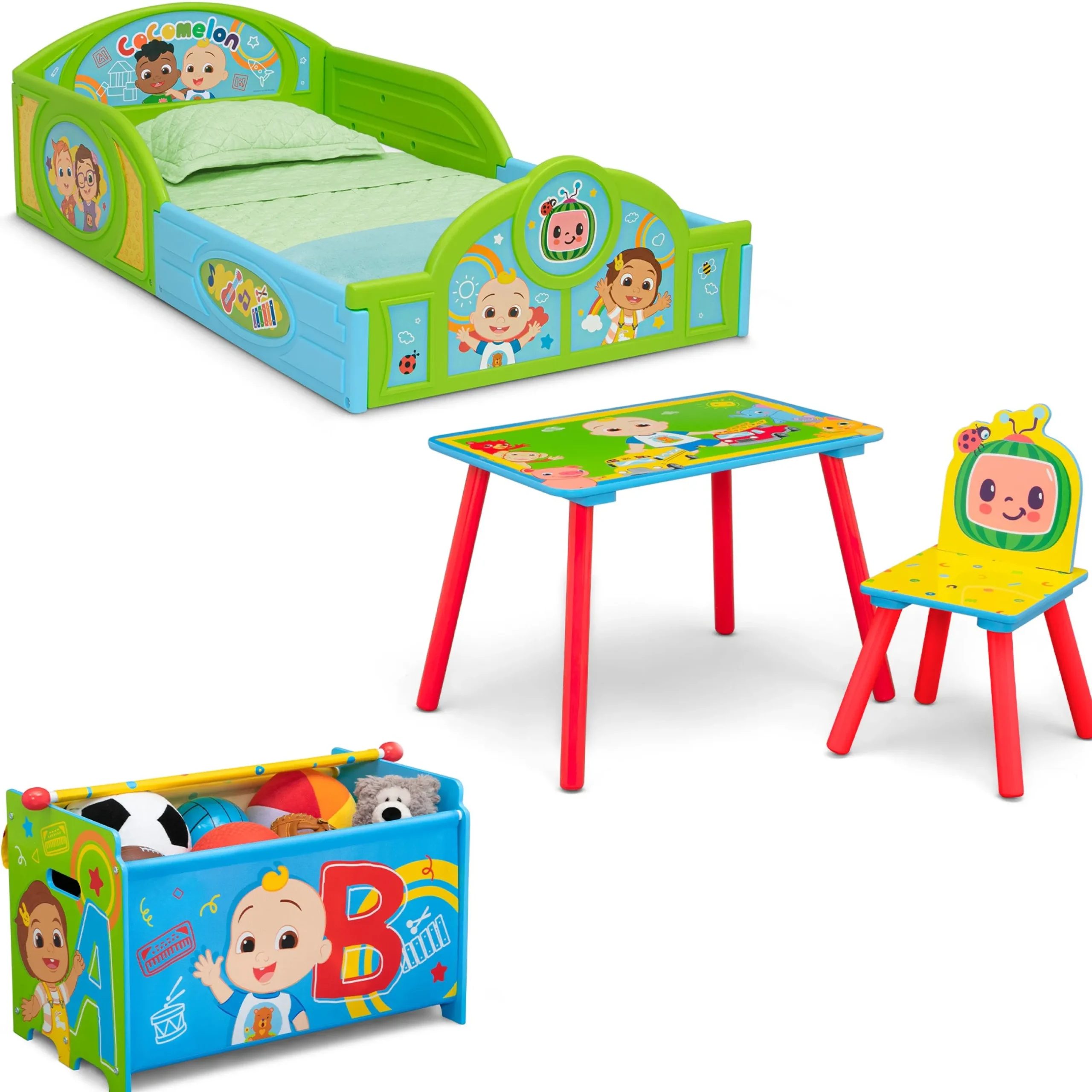 Toddler Beds|Table & Chair Sets*Delta Children CoComelon 4-Piece Toddler Room-in-a-Box Set – Includes Sleep and Play Toddler Bed, Table, 1 Chair and Toy Box