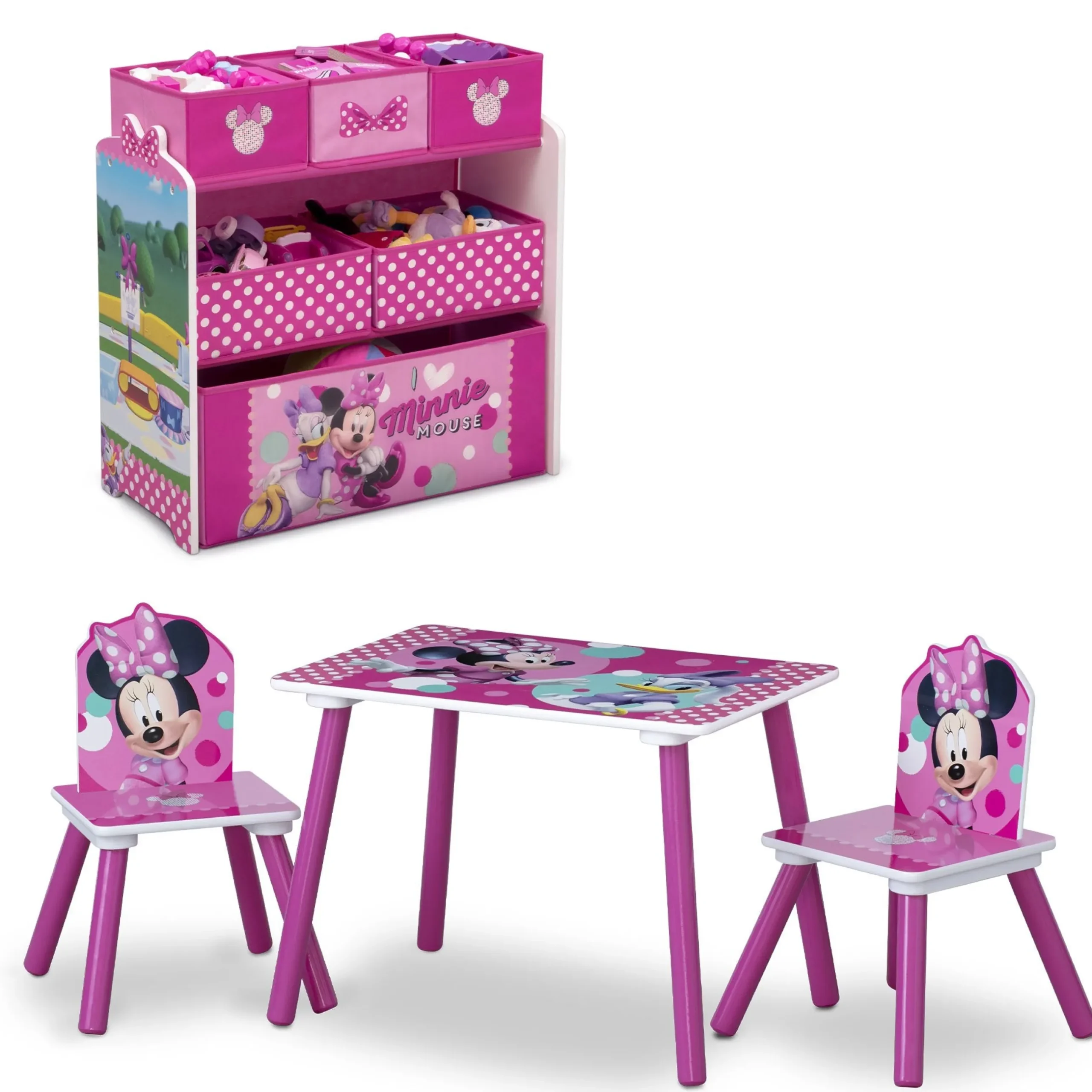 Table & Chair Sets|Table & Chair Sets*Delta Children Minnie Mouse 4-Piece Playroom Solution – Set Includes Table and 2 Chairs and 6-Bin Toy Organizer